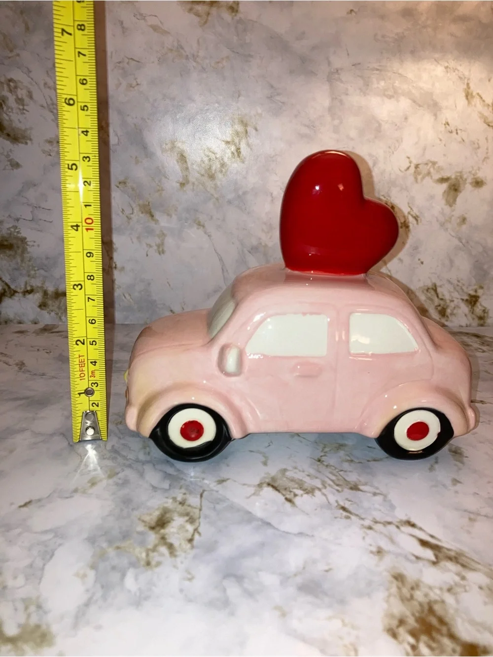 Pink Ceramic Retro Car with Red Love Heart Coquette Holiday Decor
